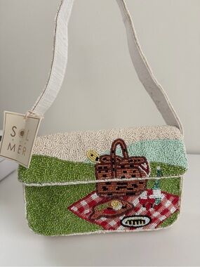 Beaded Picnic-Scene Shoulder Bag in Cream & Green